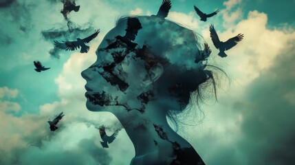 Double exposure of a woman's face and birds flying in the sky. Conceptual art for freedom, hope, and dreams.