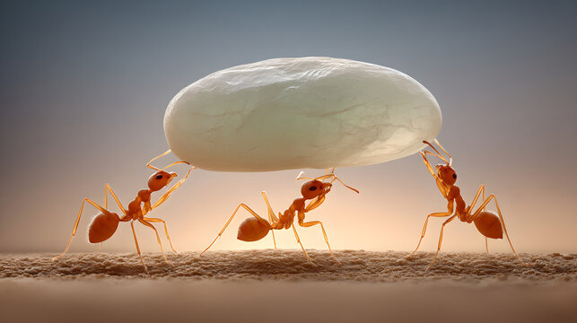 Three small ants are working together to lift a very large, smooth, white object.
