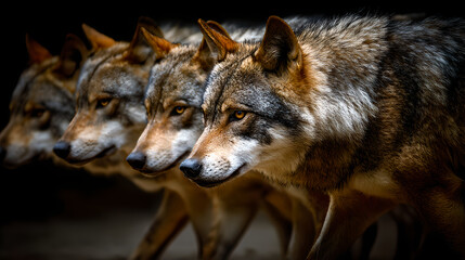 Obraz premium A pack of brown wolves walks in a line, with the leader's face in sharp focus against a dark background. 