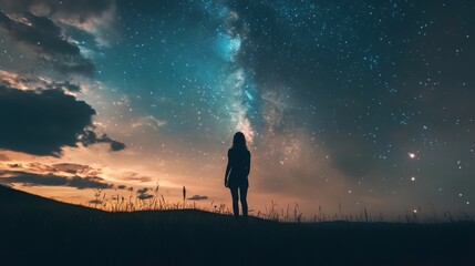 Obraz premium Silhouette of a woman gazing at the starry sky at night