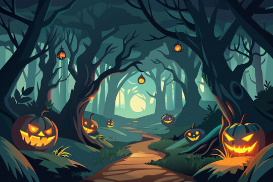 Eerie Halloween night scene with glowing pumpkins and spooky forest path, perfect for holiday promotions