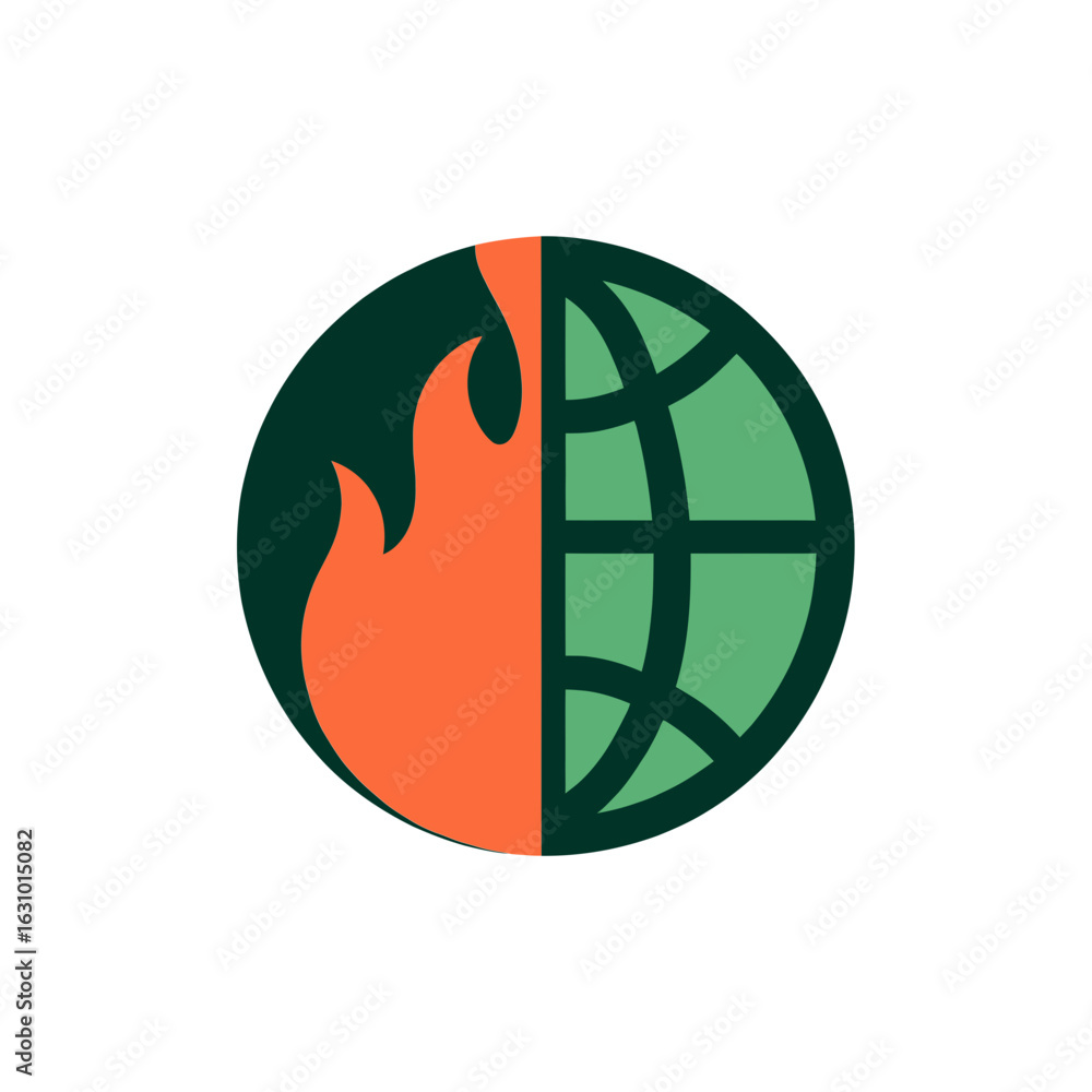 Aufkleber flat-style icon shows half a globe with fire and the other half with a network grid. this icon can b