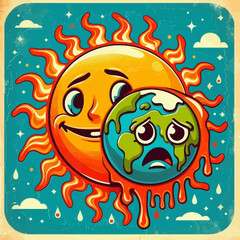 vintage-style cartoon illustration shows a happy sun embracing a melting, sad-looking Earth. This image can be used on websites and blogs to illustrate topics related to climate change, global warming