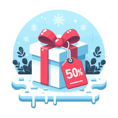 A winter-themed flat vector illustration of a gift box with a 50% off tag. This icon is perfect for websites or blogs advertising winter sales, holiday promotions, or seasonal discounts.

