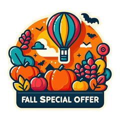 A stylized cartoon sticker with a "FALL SPECIAL OFFER" message, featuring pumpkins, leaves, bats, and a hot air balloon. Ideal for websites or blogs advertising autumn sales or events.

