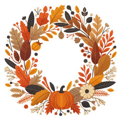 A colorful flat illustration of an autumn wreath made of leaves, berries, and a pumpkin. Ideal for websites or blogs about fall, Thanksgiving, or seasonal decor.

