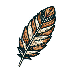 A flat, decorative illustration of a feather with intricate patterns and designs in brown, beige, and white. Ideal for websites or blogs about crafts, Native American culture, or bohemian style.


