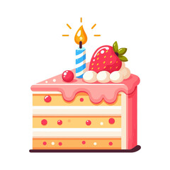 A stylized flat illustration of a slice of layered cake with pink frosting, a strawberry, and a lit candle. Ideal for websites or blogs about baking, celebrations, or desserts.

