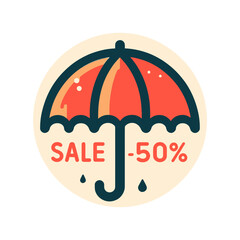 A stylized flat illustration of a red umbrella with "SALE -50%" text, with raindrops below. Ideal for websites or blogs to promote sales, discounts, or special offers.

