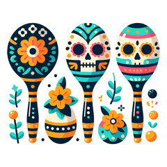 A festive folk-art style illustration of three decorative maracas and a few flowers. Ideal for websites or blogs about Mexican culture, Cinco de Mayo, or music events.

