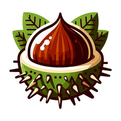 A colorful cartoon illustration of a chestnut in a spiky husk with leaves. Ideal for websites or blogs about autumn, nature, food, or fall festivals.

