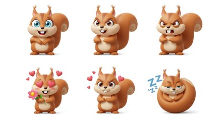 Cute cartoon squirrel character illustrations set