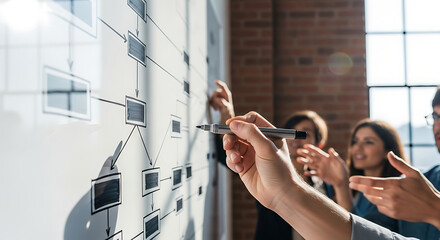 Diverse team collaborating and brainstorming ideas on a large whiteboard in a modern office setting