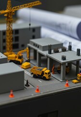 Fototapeta premium Detailed miniature construction site featuring a crane, dump truck, and blueprints representing industry.