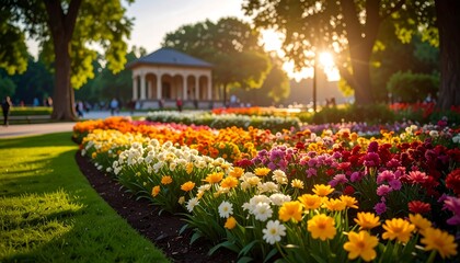 Colorful flowerbeds in park at sunset