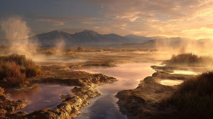Sunrise over a hot spring valley, steaming pools and streams wind through a landscape