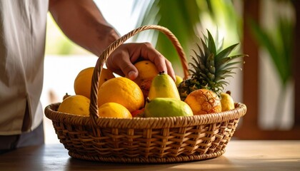 Hand reaching for fresh, ripe fruits in a woven basket, showcasing a still life composition with various citrus fruits and a pineapple.