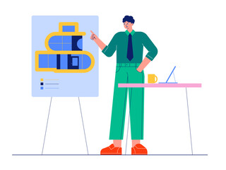 Completion of the drawing of the building to be built. Architect illustration. Cartoon flat vector illustration.