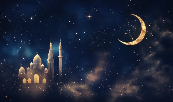 Majestic mosque glowing under a crescent moon and starry night sky, creating a serene and spiritual atmosphere