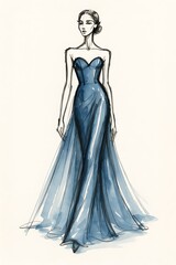 Elegant Blue Gown Fashion Illustration for Formal Event