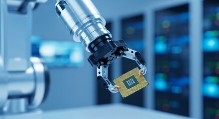 Robotic Arm Holding a CPU in a Tech Environment