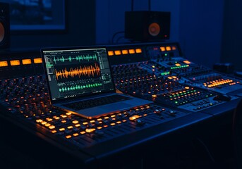 Laptop displays audio waveforms atop a professional mixing console in a dimly lit recording studio