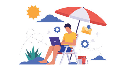 Man working on laptop under umbrella on beach with sun clouds and gears in a flat vector style design