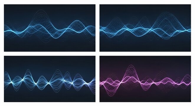 A collection of four glowing digital waveforms in blue and pink, visualizing sound, frequency, or energy.