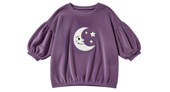 Cute purple pajama top with moon and stars graphic isolated on transparent background