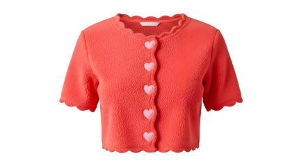 Coral short sleeve knit cardigan with heart buttons isolated on transparent background