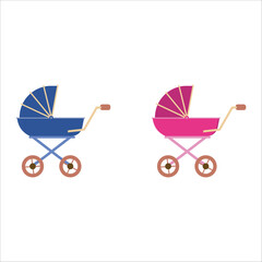 Pair of pink and blue baby strollers icons
