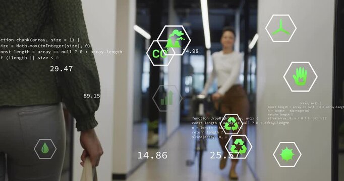 Woman walking corridor showing green data overlays, scooter peer joining updating emission metrics