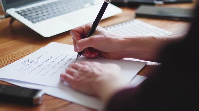 Focused individual meticulously writing notes by hand on paper at a modern wooden office desk.