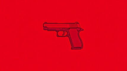 Minimal handgun illustration on red background with bold dark outline