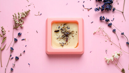A close-up shot of a square soap with dried lavender and flowers on a pink surface.