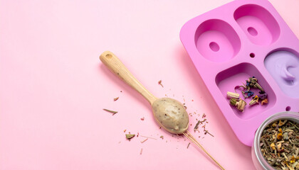 A close-up shot of a pink surface with soap-making tools and ingredients.