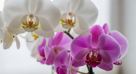 Vibrant white and purple Phalaenopsis orchids showcasing their delicate petals and intricate centers.