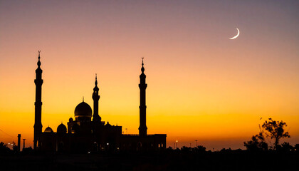 Silhouette of a mosque with minarets and a golden dome against a sunset sky with a crescent moon.
