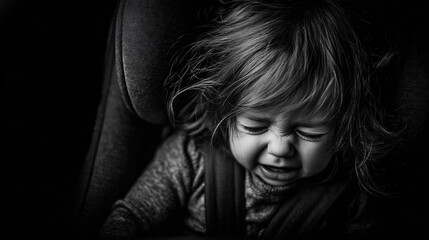 Baby Crying Emotions Black and White Portrait Child Sadness Carseat Safety Closeup Tears Face Expression Hair Toddler Upset Vulnerability Innocence Parenting Mood Frowning Tenderness