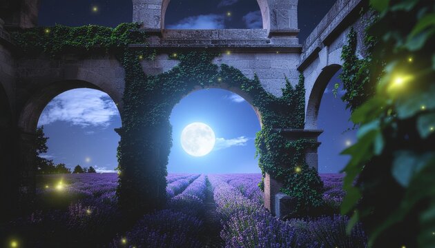 A mystical courtyard with ivy-covered stone arches and glowing blue moonlight casting shadows on blooming lavender fields, fireflies floating in the air, fantasy night garden