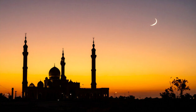 Silhouette of a mosque with minarets and a golden dome against a sunset sky with a crescent moon.