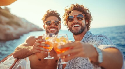 Celebrating the summer with cocktails: friends enjoying a boat trip together