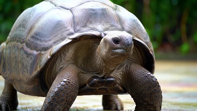 Giant land tortoise walking slowly in a natural outdoor habitat, showcasing its textured shell and ancient appearance.