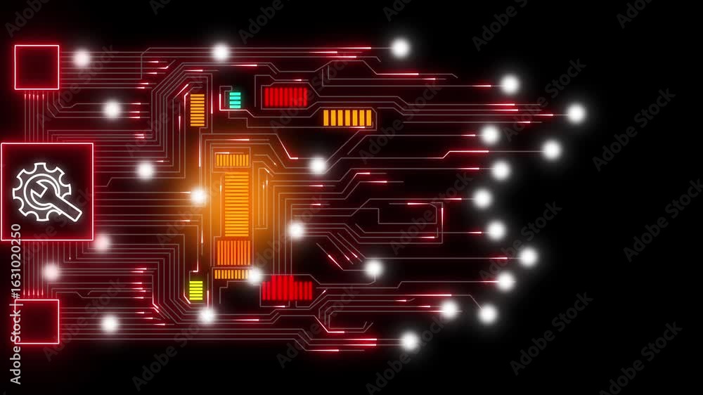 Aufkleber abstract circuit board technology repair maintenance digital network data stream orange red glow. ci