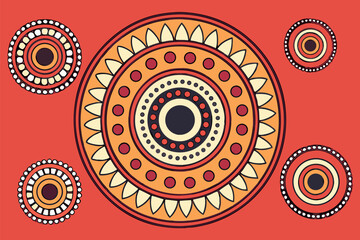 Fototapeta premium Traditional Australian Aboriginal Dot Painting Style Circular Patterns on Red Background vector