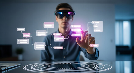 Woman wearing augmented reality glasses interacting with holographic digital interface and futuristic technology in a modern office setting