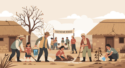 Obraz premium Community of villagers working together to rebuild their homes a flat illustration showing resilience and cooperation.