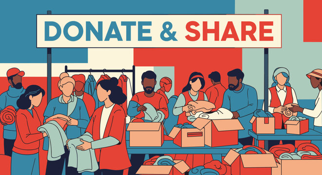 Diverse community volunteers sorting clothing donations at a charity event under a large sign.