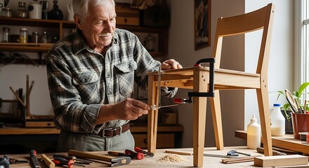 Man repairing a wooden chair in his workshop with tools and clamps in a well lit room at daytime