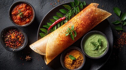 dead top view of Mysore masala dosa presented in a beautiful aesthetic way with coconut chutney and hot sambhar, studio lightening , food photography.